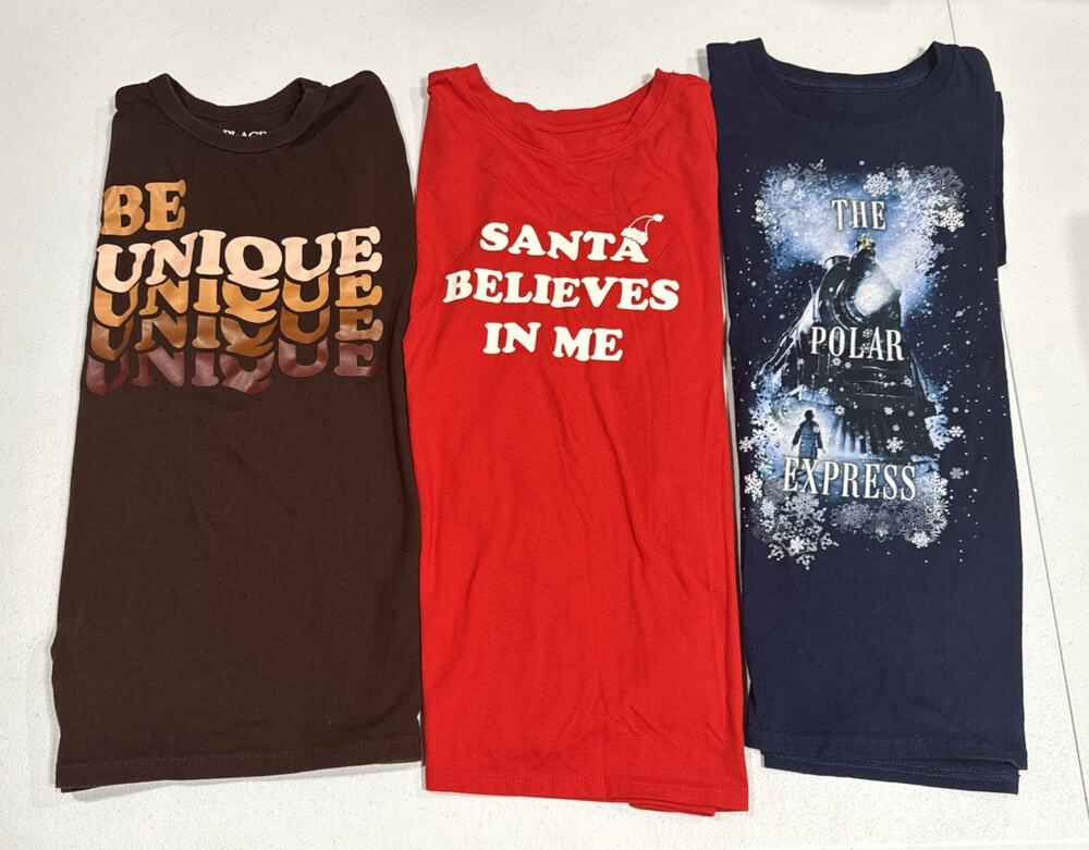 Lot of 3 Graphic Print T-Shirt Youth Boy 10-12 Holiday, Christmas, Be Unique Tee